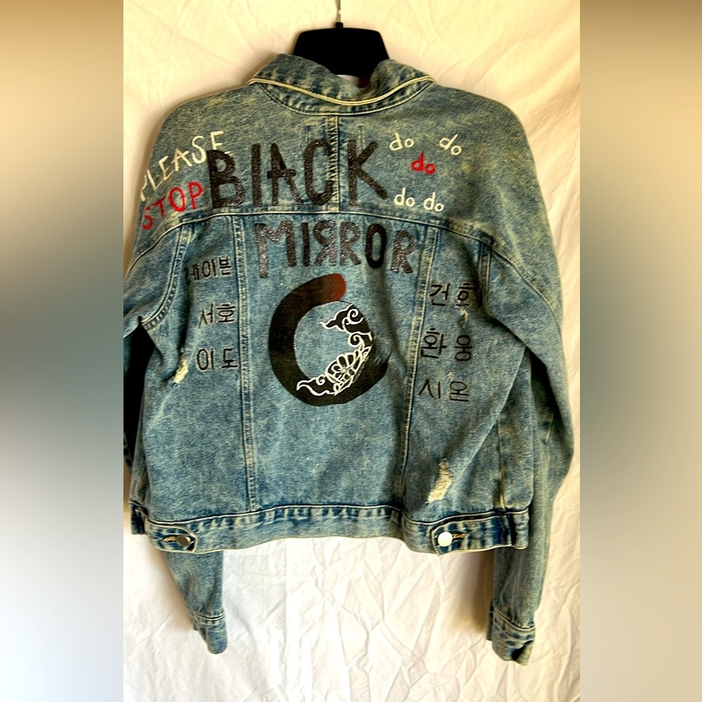 Alivia Ford Black Mirror Custom Painted Denim Jacket distressed rhinestone chain